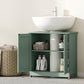 Green bathroom vanity cabinet with two doors open to reveal adjustable shelf compartments