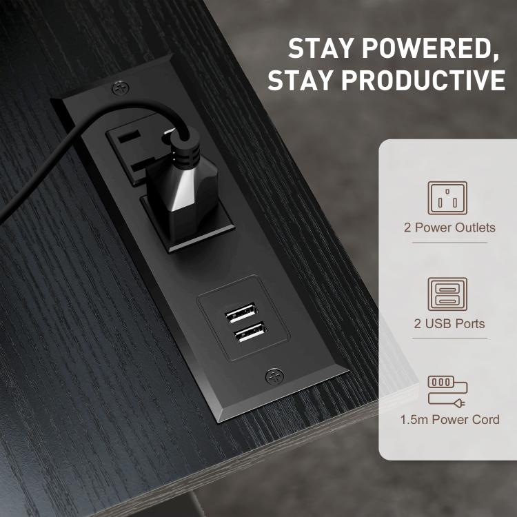 Black desk power panel with two AC outlets and two USB ports on the tabletop.