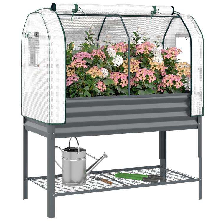 Dark gray raised garden bed with clear greenhouse cover, mesh side panels, and lower storage shelf