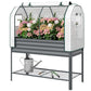 Dark gray elevated garden bed with clear greenhouse cover and mesh side doors, lower shelf base