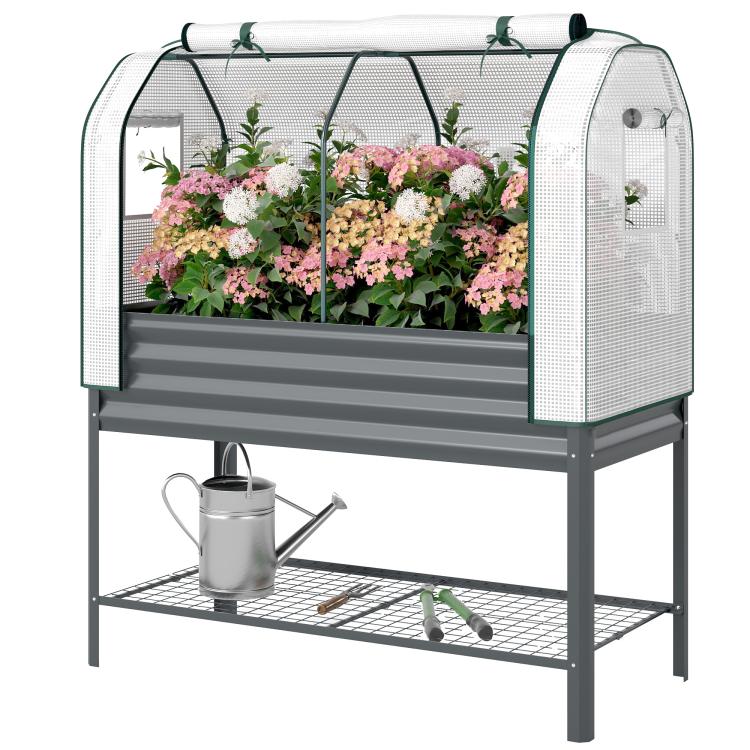 Dark gray elevated garden bed with clear greenhouse cover and mesh side doors, lower shelf base