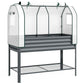 Dark gray raised garden bed with greenhouse cover and bottom shelf