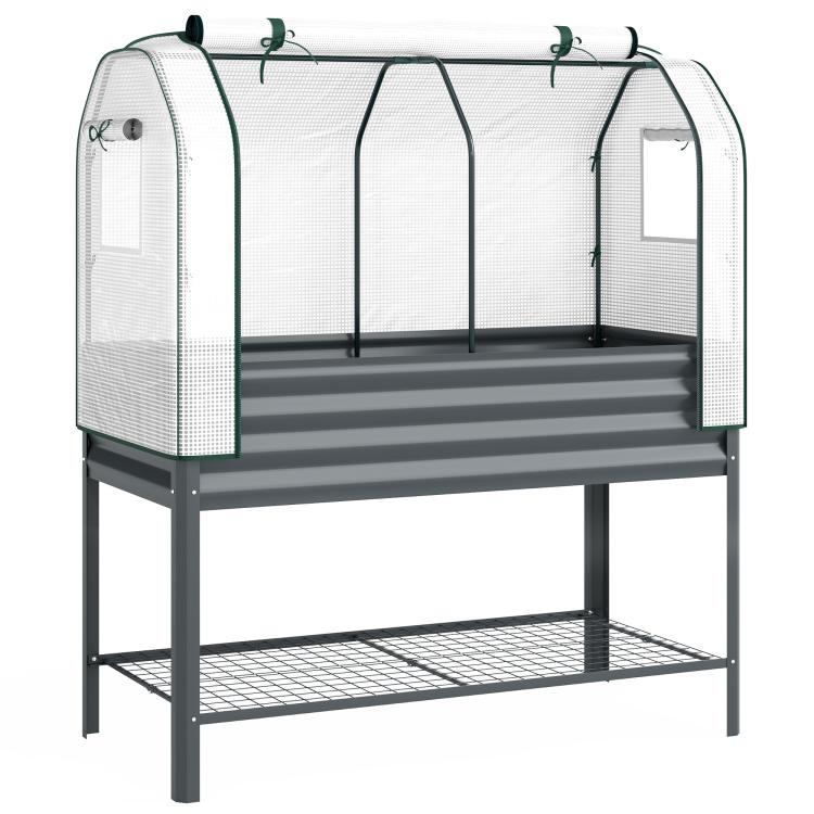 Dark gray raised garden bed with greenhouse cover and bottom shelf