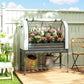 Dark gray raised garden bed with clear greenhouse cover, open side mesh door, and bottom shelf