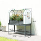Galvanized metal raised garden bed with greenhouse cover, mesh side panels, and lower grid shelf