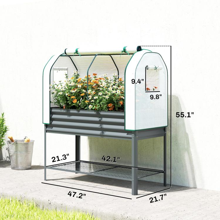 Galvanized metal raised garden bed with greenhouse cover, mesh side panels, and lower grid shelf