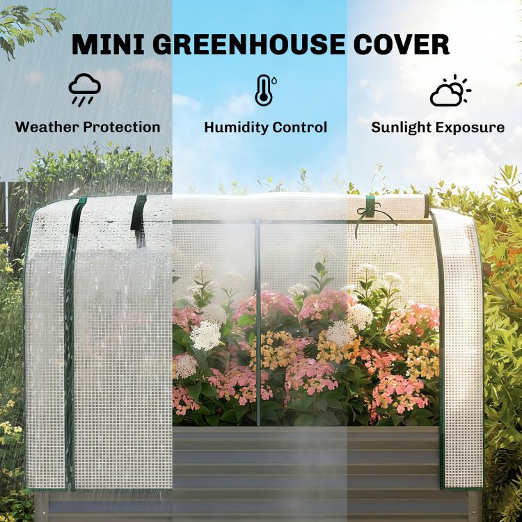 Clear greenhouse cover over raised garden bed with mesh panels and dark gray base