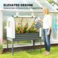 Elevated dark gray metal garden bed with greenhouse cover and clear mesh side doors