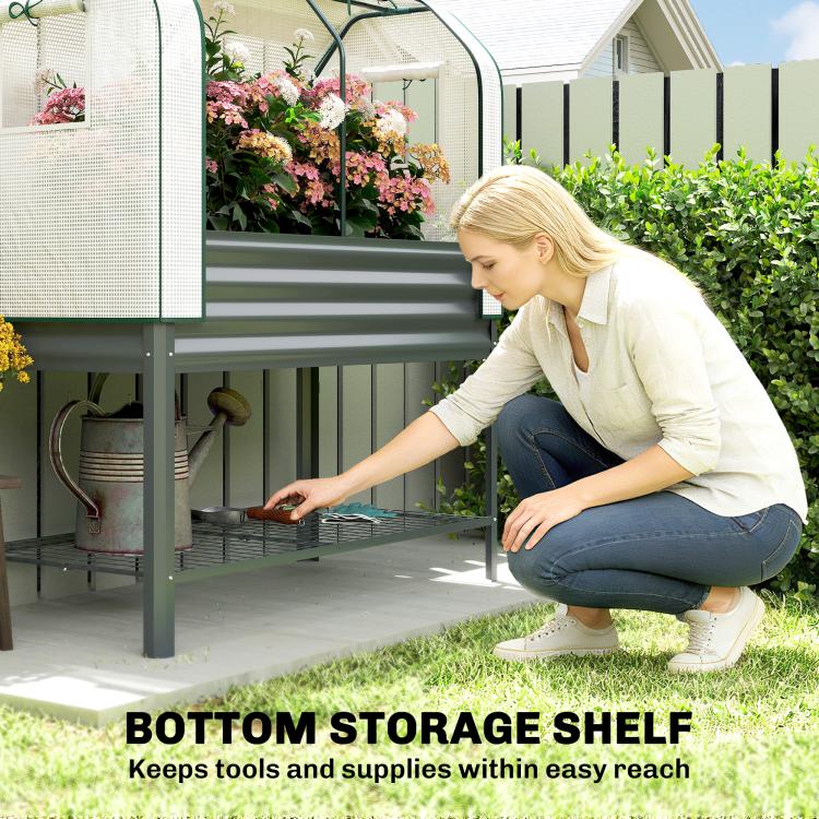 Raised garden bed greenhouse cover with built-in bottom storage shelf for tools and supplies