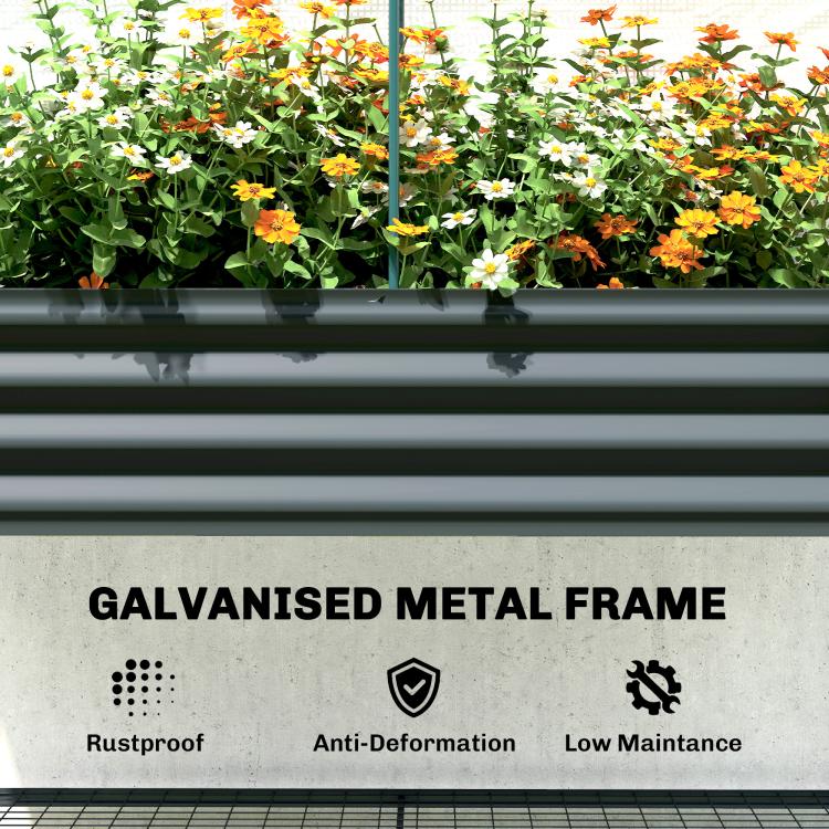 Galvanised metal frame with dark gray horizontal bars and mesh greenhouse cover panels