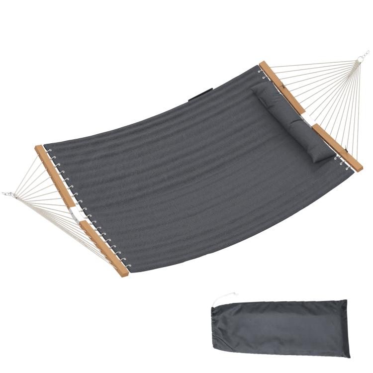 Gray two-person hammock with center pillow insert, rope weave and wooden spreader bars