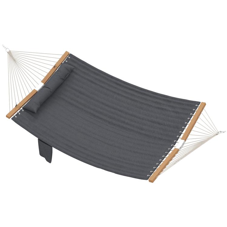 Gray 2-person hammock with pillow, wooden end spreader bars and hanging ropes