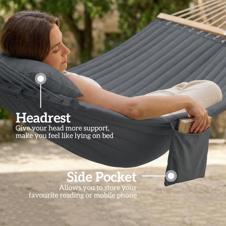 Gray hammock with built-in headrest cushion and side pocket, rope-hung fabric