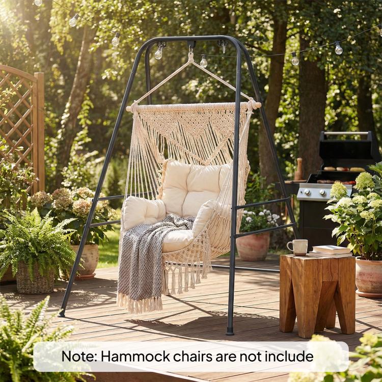 Black hammock chair stand holding a hanging hammock chair with two side chains