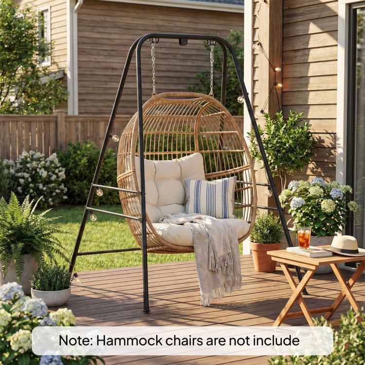 Black hammock chair stand with hanging hammock chair and chain-linked supports