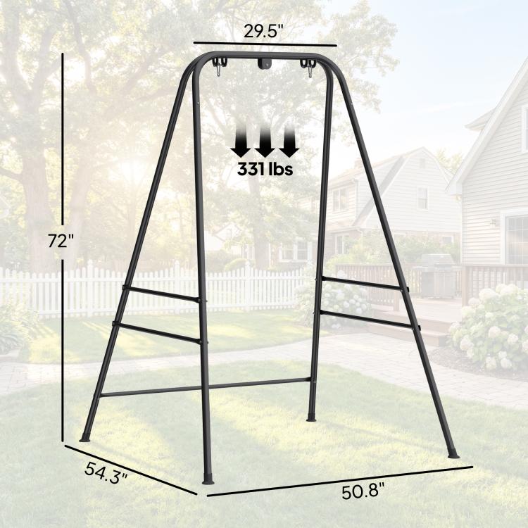 Black hammock chair stand frame with size markings and weight rating graphic