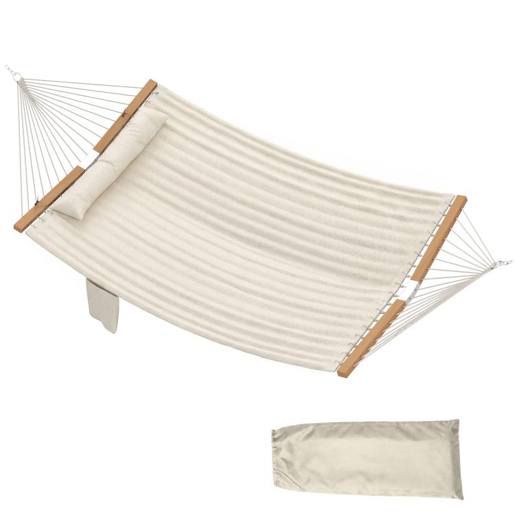 Cream striped two-person hammock with head pillow and woven fabric pad
