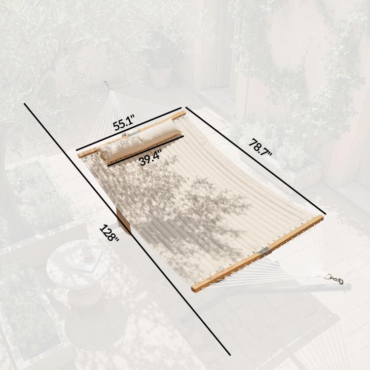 Cream two-person hammock with wood spreader bars and side ropes; size shown