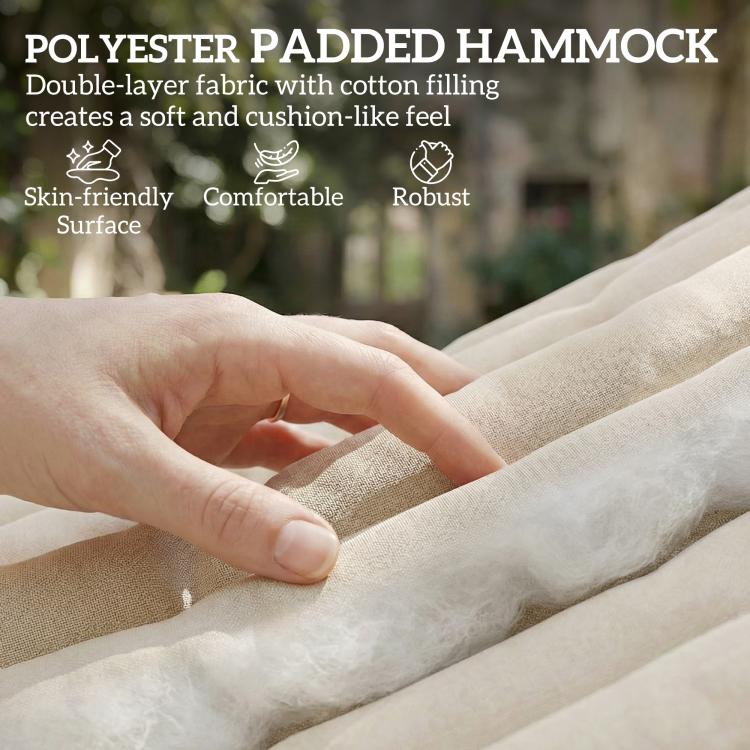 Close-up of cream hammock fabric with padded cushioned surface