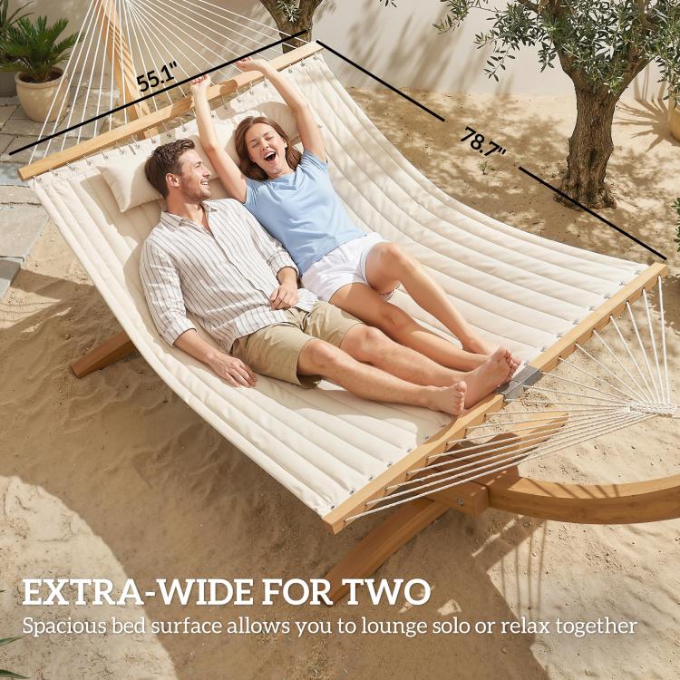 Two-person cream hammock with pillow and wood spreader bars; extra-wide view