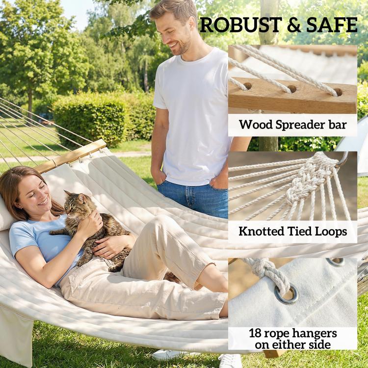 Two-person cream hammock with rope loops and wood spreader bar for support
