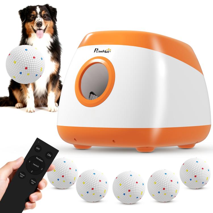 Orange and white automatic dog ball launcher with six speckled ETUP balls and remote