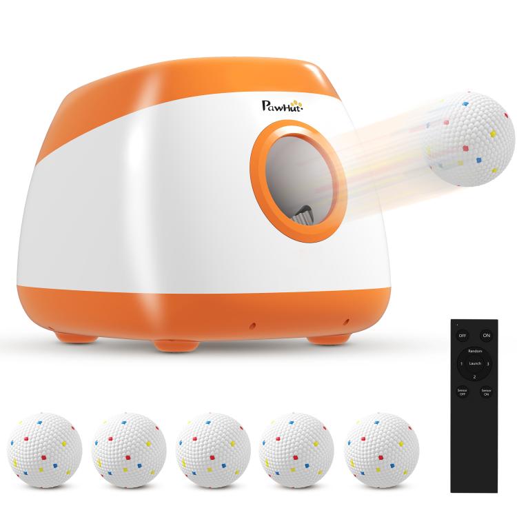Orange and white automatic dog ball launcher with ball launching nozzle and remote control