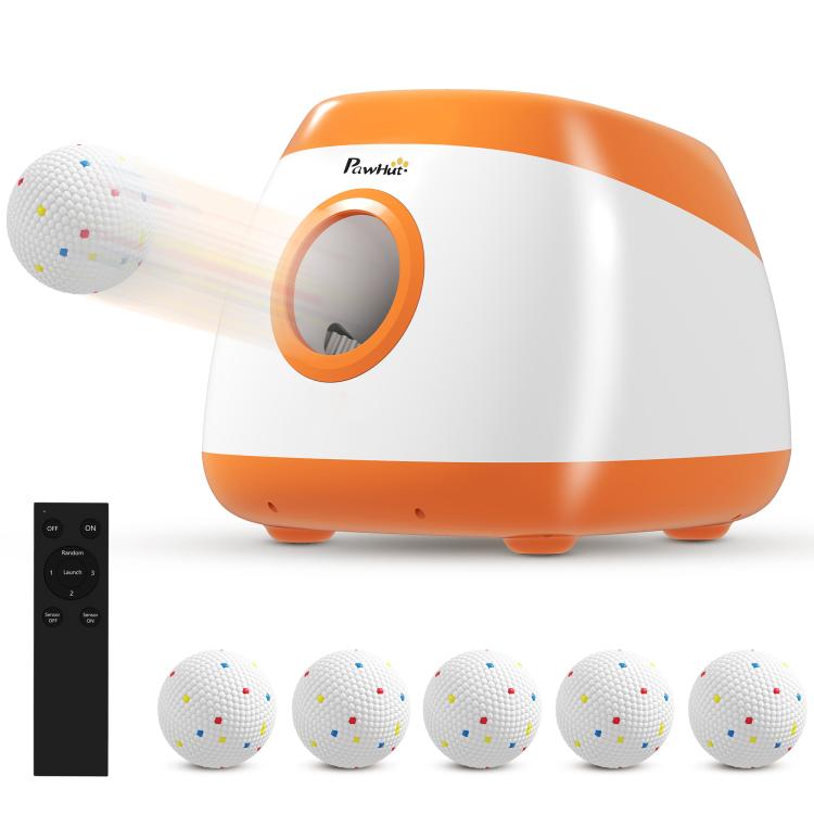 Orange and white automatic dog ball launcher with ball return opening, remote, and 6 balls