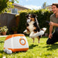 Orange and white automatic dog ball launcher firing a speckled ball in a backyard
