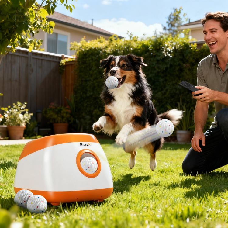 Orange and white automatic dog ball launcher firing a speckled ball in a backyard