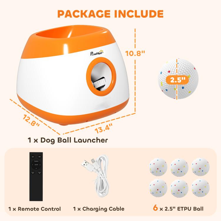 Automatic dog ball launcher package include diagram with remote, charging cable, and six balls