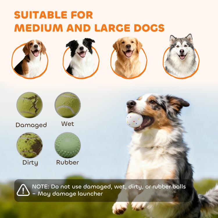 Automatic dog ball launcher for medium and large dogs with speckled ball shown