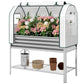 Silver raised garden bed with green greenhouse cover and side panels, front doors