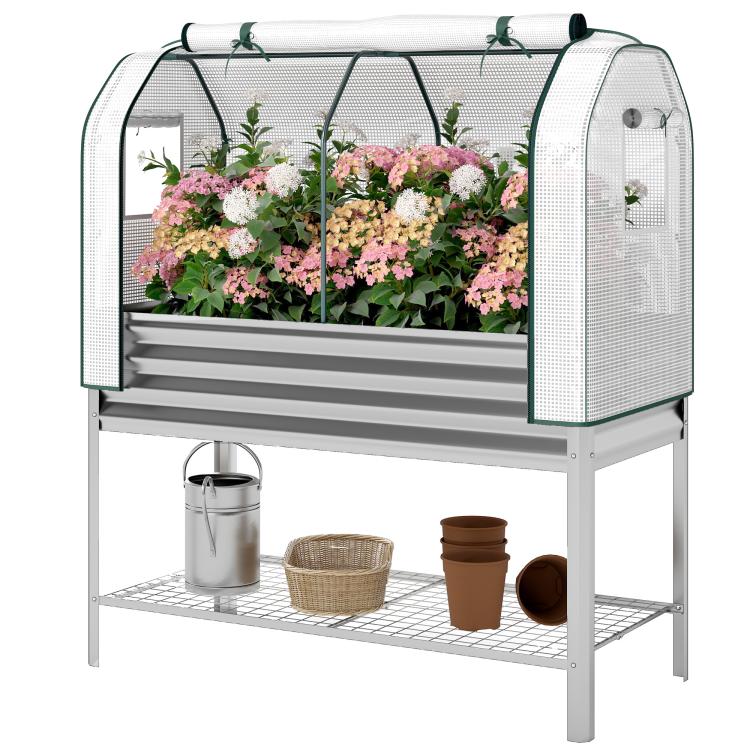 Silver raised garden bed with green greenhouse cover and side panels, front doors