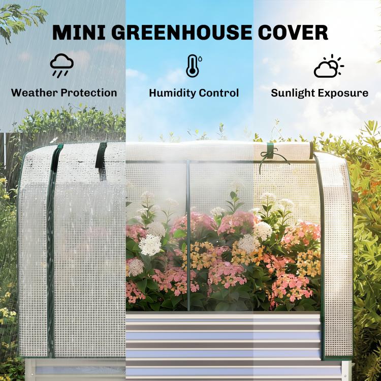 Raised garden bed with translucent white mesh greenhouse cover and two front doors