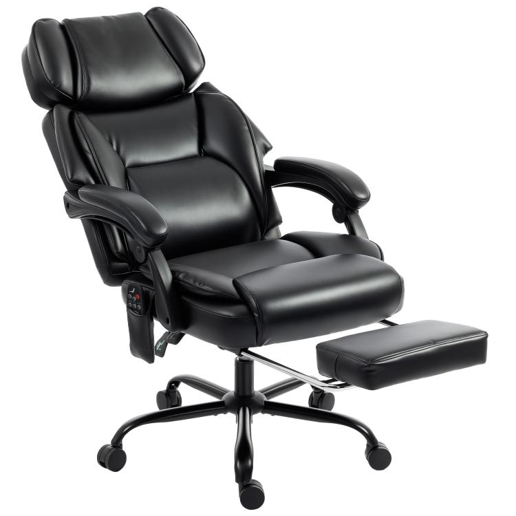 Heated massage office chair in black with recline back, footrest and swivel wheels