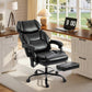 Black reclining massage office chair with footrest, side view