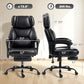 Black massage recliner chair with footrest and size diagram overlay