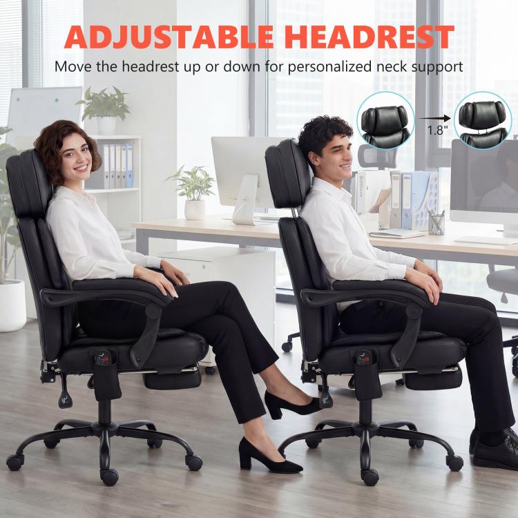 Black office massage chair with adjustable headrest and swivel base
