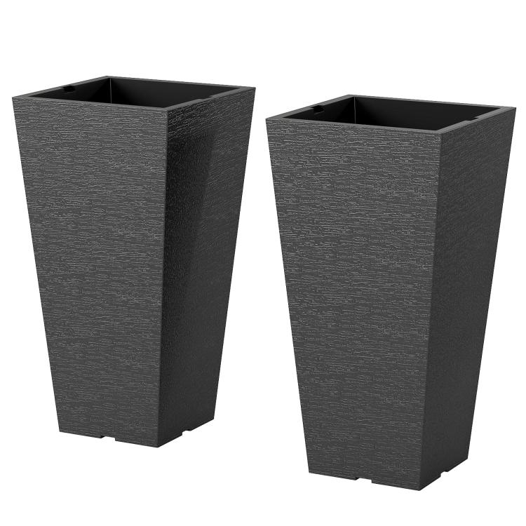 Pair of black square-taper plastic flower pots, open top and base
