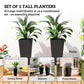 Set of 2 tall black planters with leafy plants for outdoor patio use