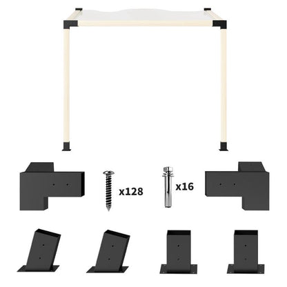 Black slanted pergola bracket kit: metal brackets, post bases, screws and expansion anchors