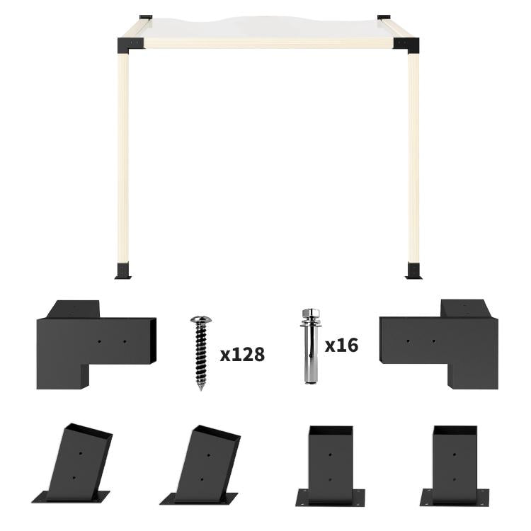 Black slanted pergola bracket kit with wall-mount and three-way brackets plus screws