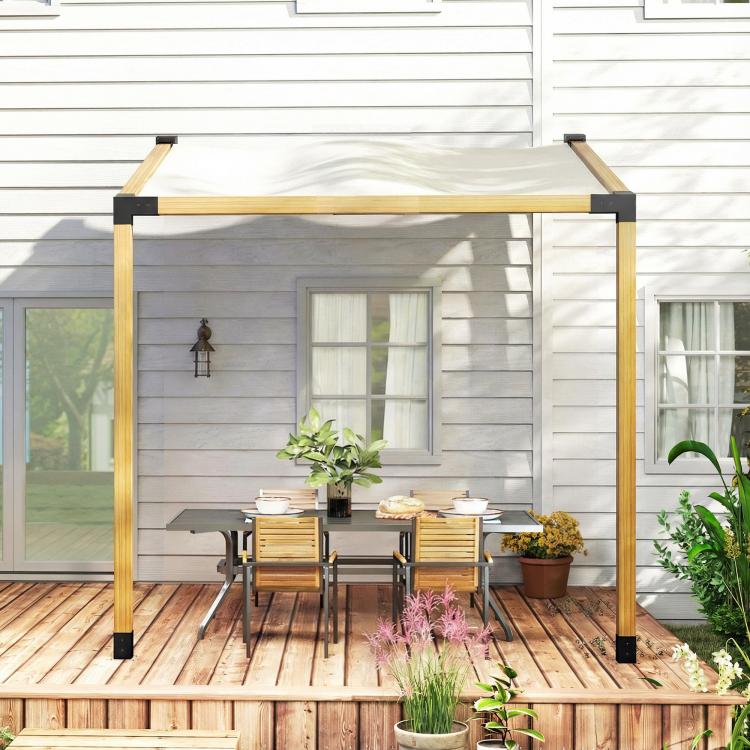 Black slanted pergola bracket kit on a timber pergola frame with corner post bases