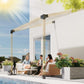 Slanted pergola frame corner with black bracket connectors on light wood beams