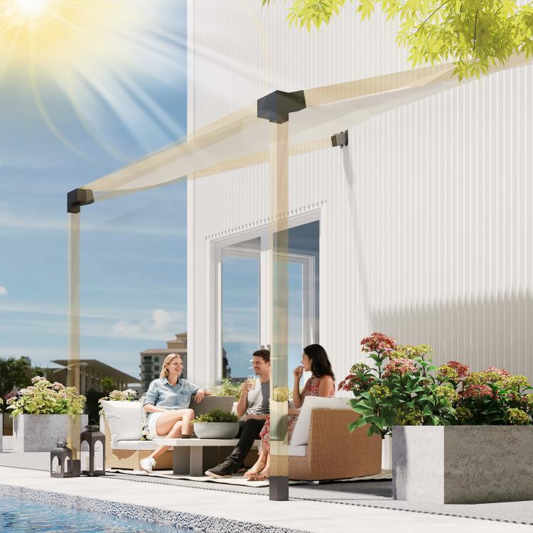 Slanted pergola frame corner with black bracket connectors on light wood beams