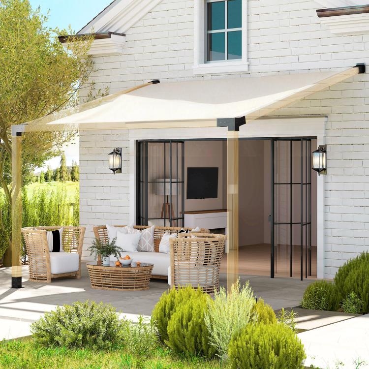 Pergola overhang with black slanted brackets on light wood beams attached to a house wall