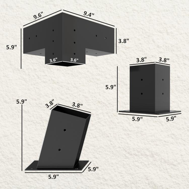 Black slanted pergola bracket shapes with dimension diagram on white background