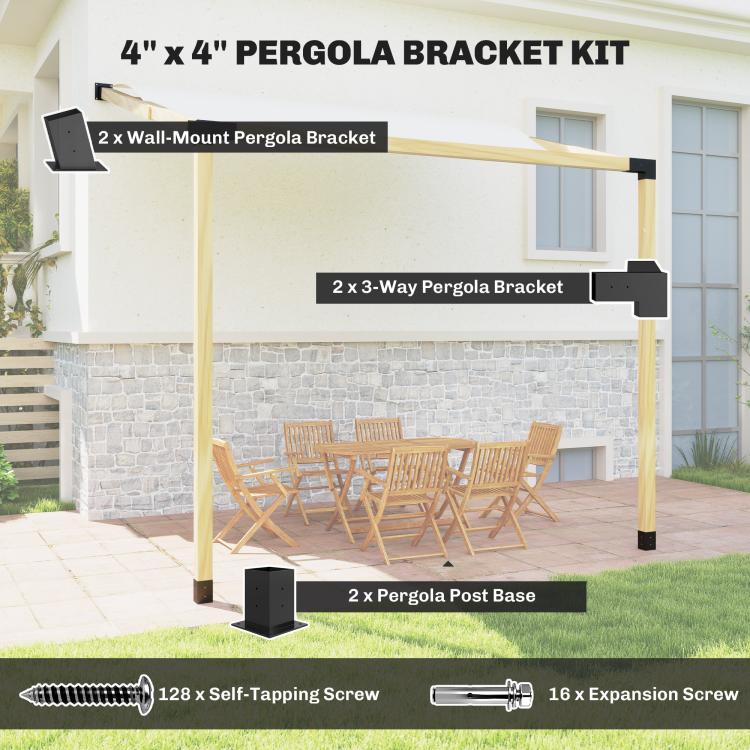 Pergola kit shown with black wall-mount brackets, post bases, and light wood frame