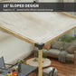 Slanted pergola beam end with black bracket connector on deck seating area